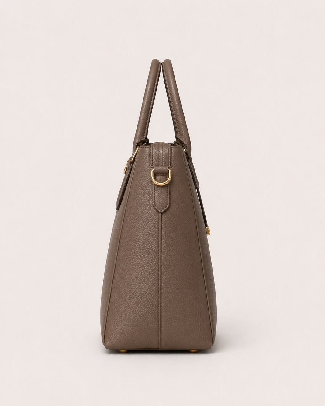 DiSheri taupe leather tote, side profile