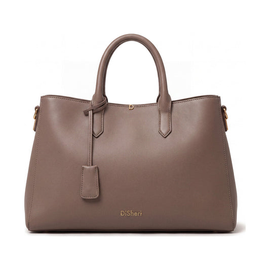 DiSheri taupe leather tote, front view with the gold D emblem